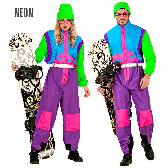 “Neon Purple-Azure-Green Ski Suit  Overalls, Belt 