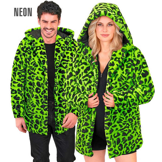 Neon Green Animalier Leopard Plush Hooded Coat