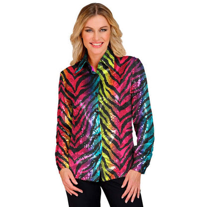 Party Fashion Shirt  Rainbow Animalier Tiger Sequin Shirt 