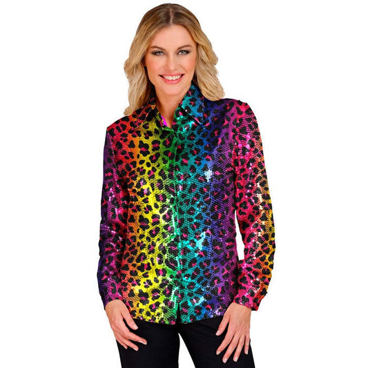 Party Fashion Shirt  Rainbow Animalier Leopard Sequin Shirt 