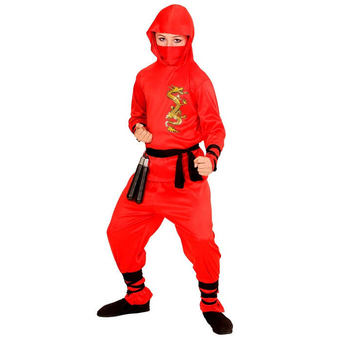Red Dragon Ninja  Hooded Coat, Pants, Belt, Face Mask, Arm & Leg Ties 