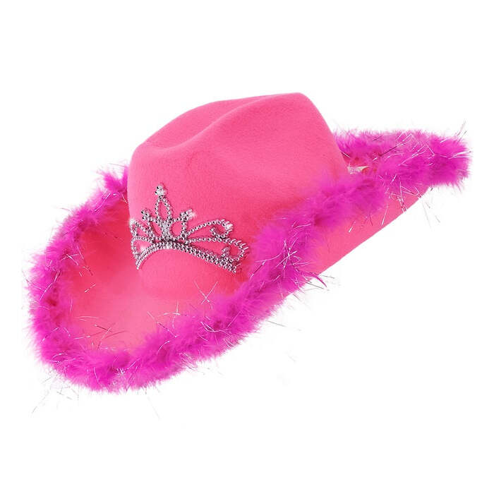 Pink Cowgirl Hat With Tiara & Marabou Trim With Silver Tinsel - In Felt