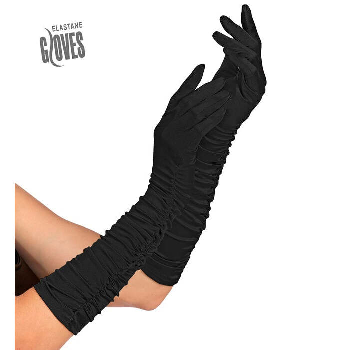 Black Long Plissé Elastane Gloves 40 Cm - Suitable Also For Man