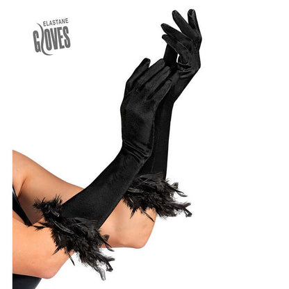 Black Long Elastane Gloves With Feather Trim 40 Cm - Suitable Also For Man