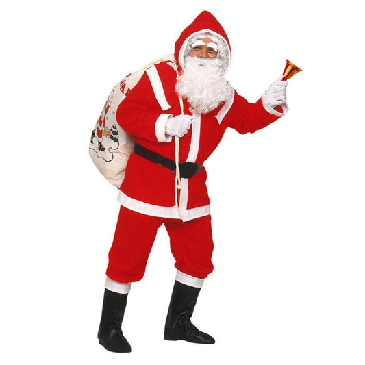 Deluxe Santa Claus Flannel  Jacket, Pants, Belt, Hood, Boot Covers, Wig, Beard With Moustache And Eyebrows 
