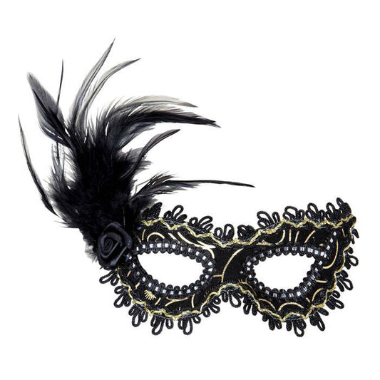 Black Eyemasks With Rose, Feathers & Gold Accents