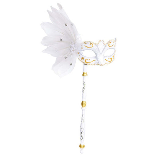White Eyemasks On A Stick With Feathers & Silver/Gold Accents