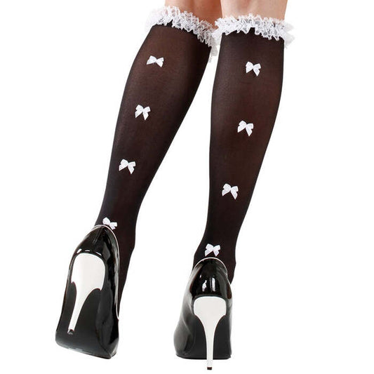 Black Socks With Ruffle Lace Trim & White Bows 70 Den
