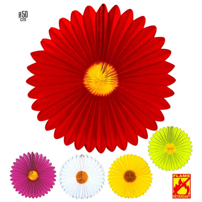 Daisy Paper Fan Ø 50 Cm - 5 Colors Ass.: 3 White, 3 Yellow, 2 Pink,2 Red, 2 Green - Flame Retardant