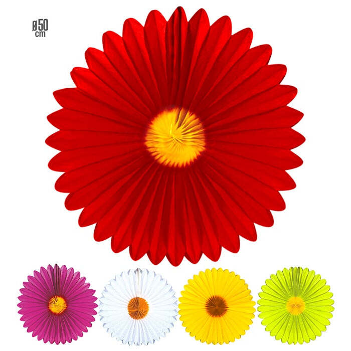 Daisy Paper Fan Ø 50 Cm - 5 Colors Ass.: 3 White, 3 Yellow, 2 Pink,2 Red, 2 Green