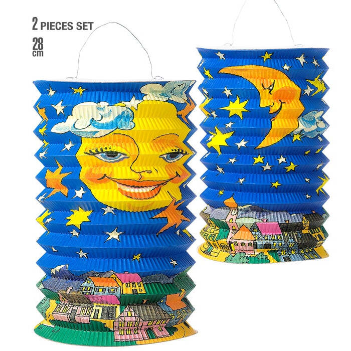 Set Of 2 Moon Paper Lanterns Saint Martin / Rificolona H 28 Cm - 2 Styles Ass.