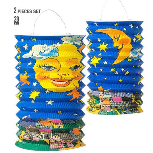 Set Of 2 Moon Paper Lanterns Saint Martin / Rificolona H 28 Cm - 2 Styles Ass.
