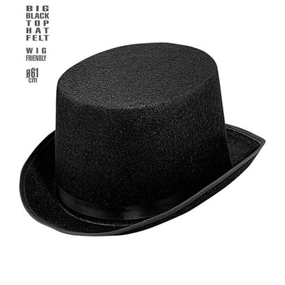 Big Black Top Hat Felt 12 Cm - Wig Friendly - Size 61 Cm