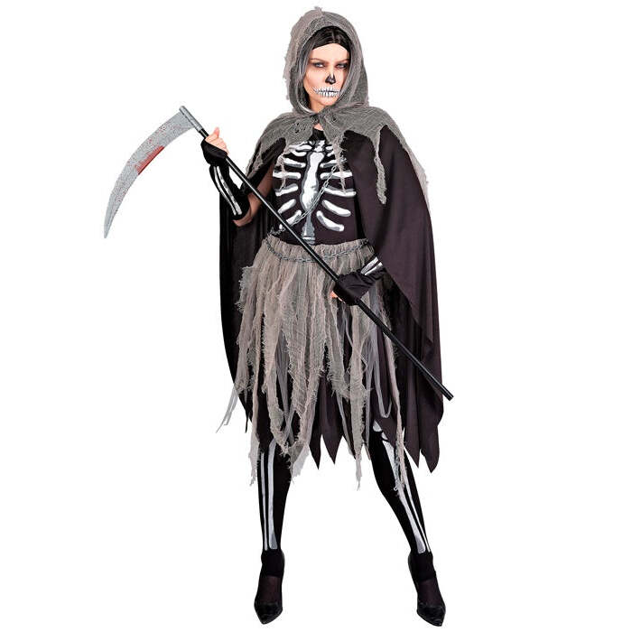 Grim Reaper  Bones Dress, Tights & Gloves, Hooded Cape, Chains  