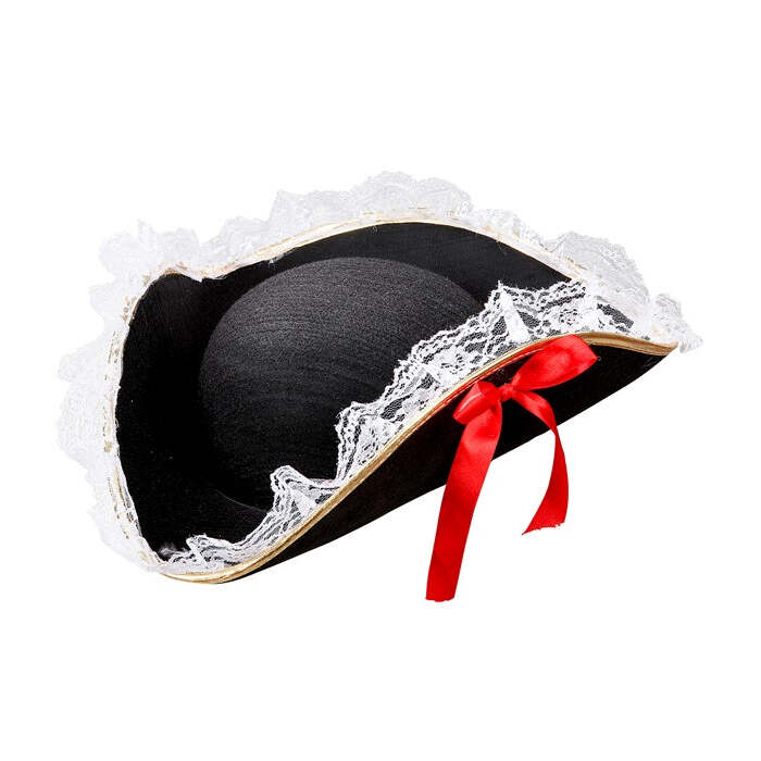 Tricorn With Lace Trim And Red Bow Felt