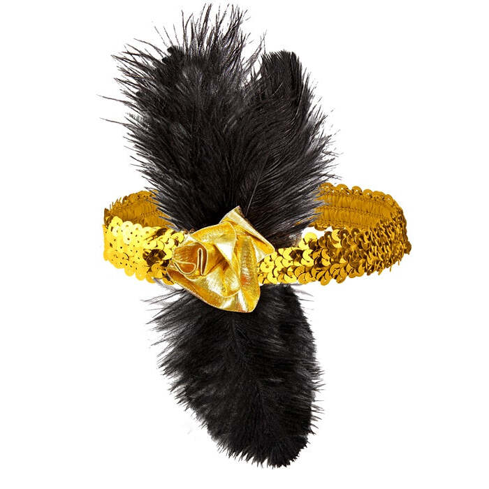1920'S Gold Sequin Headband With Flower & Feathers