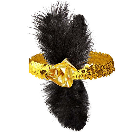 1920'S Gold Sequin Headband With Flower & Feathers
