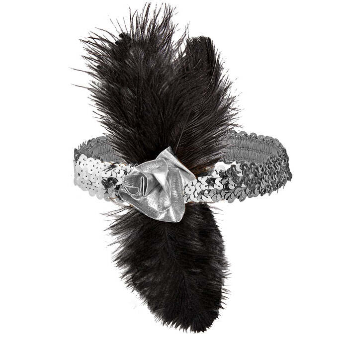 1920'S Silver Sequin Headband With Flower & Feathers