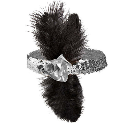 1920'S Silver Sequin Headband With Flower & Feathers