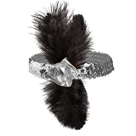 1920'S Silver Sequin Headband With Flower & Feathers