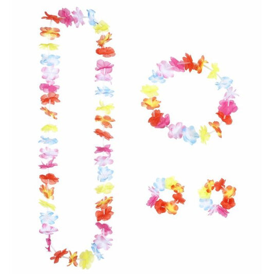 Multicolor Hawaiian Set  Lei, Crown, 2 Bracelets 