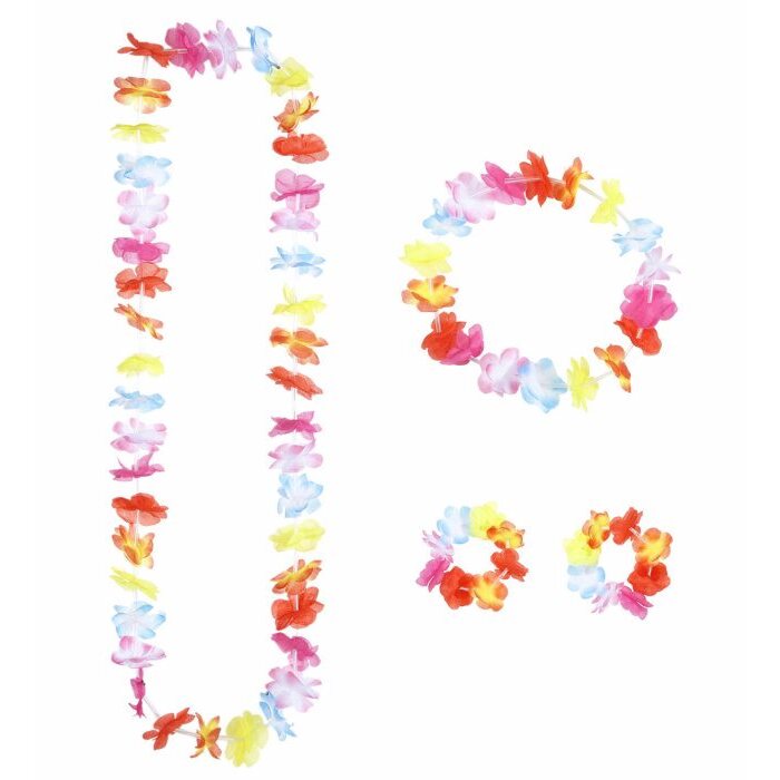 Multicolor Hawaiian Set  Lei, Crown, 2 Bracelets 