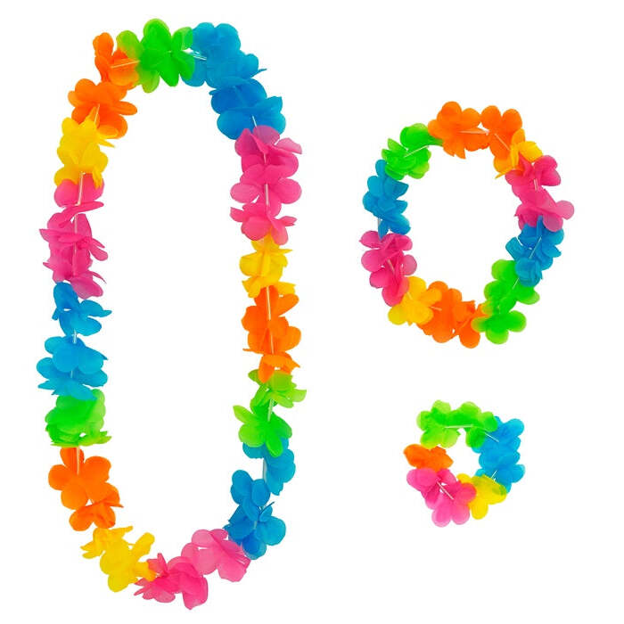  Bright Multicolor Hawaiian Set  Lei, Crown, Bracelet 