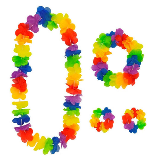 Rainbow Color Hawaiian Set  Lei, Crown, 2 Bracelets 