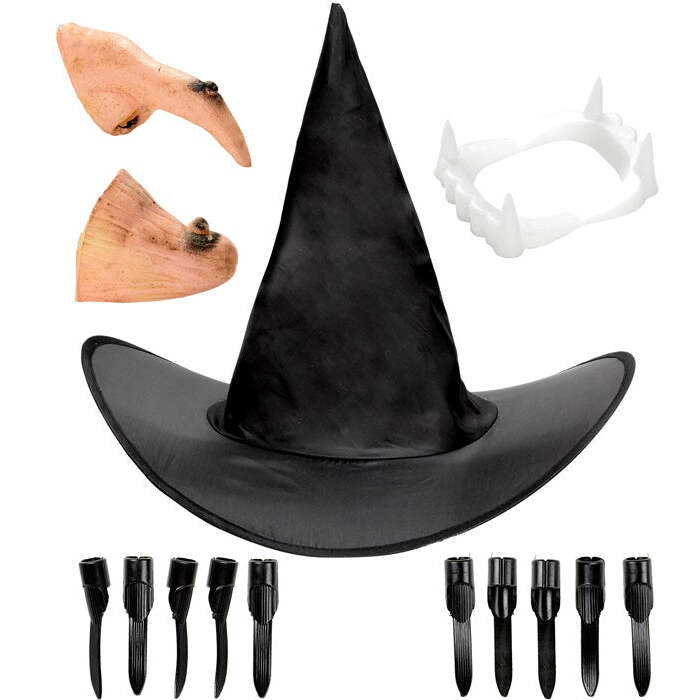 Witch Dress-Up Set  Hat, Nose, Chin, Denture, Nails 