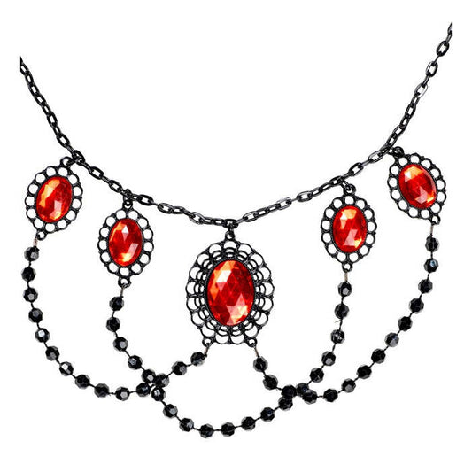Black Beaded Choker With 5 Red Gems