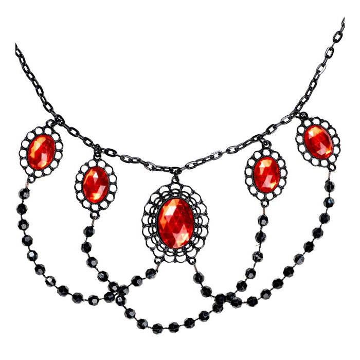 Black Beaded Choker With 5 Red Gems