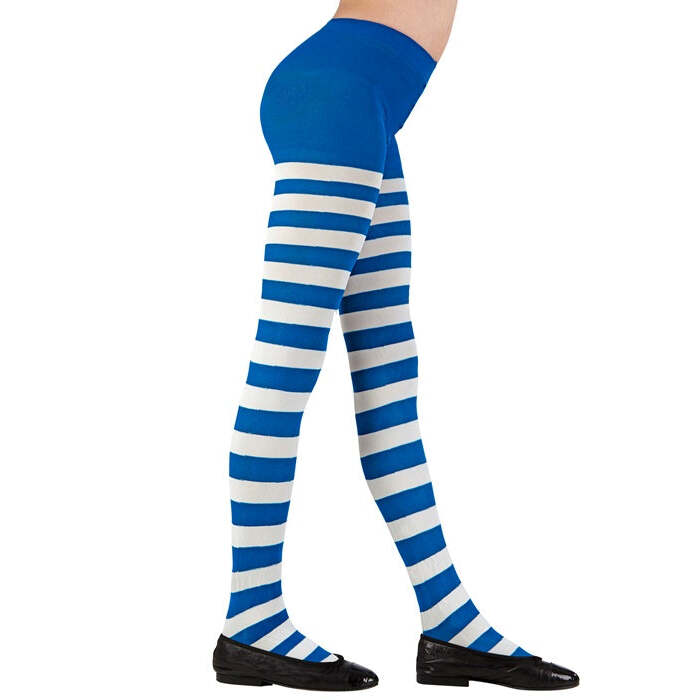 White/Blue Striped Socks Pantyhose 75 Den  Heavy Quality 