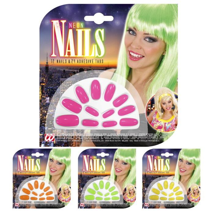 Set Of 12 Neon Nails With 24 Adhesive Tabs - 4 Colors Ass.