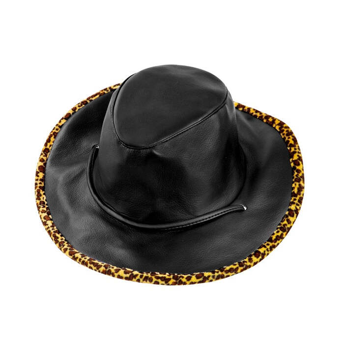 Black Leatherlook Cowboy Hat Withleopard Trim