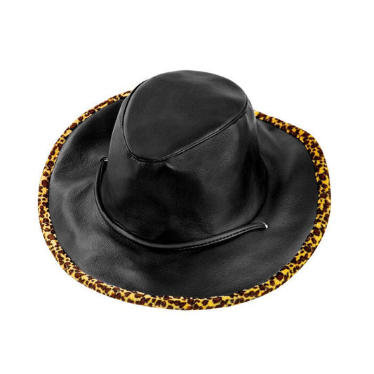 Black Leatherlook Cowboy Hat Withleopard Trim