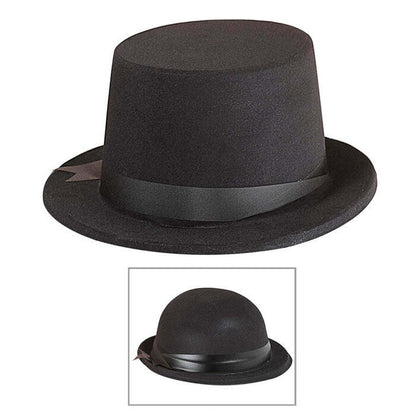 Flocked Top Hat & Bowler Hat With Decorative Ribbon