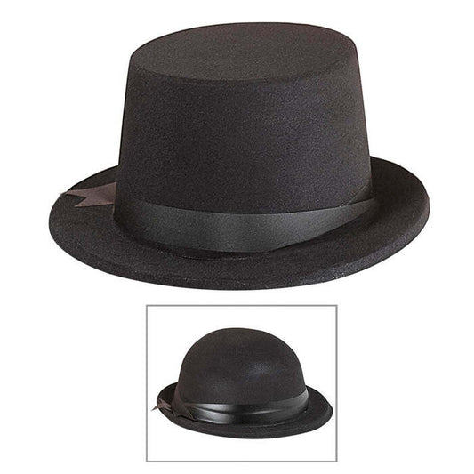 Flocked Top Hat & Bowler Hat With Decorative Ribbon