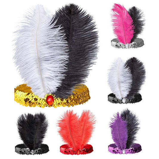 Sequin Charleston Headband With Gem And 2 Feathers 6 Colors Ass.
