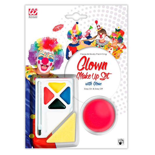 Clown Make-Up Set With Nose  4 Colours 4,5 Ml & Brush In Tray, Nose, Sponge 