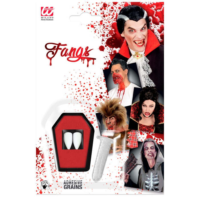 Professional Vampire Fangs Kit  2 Fangs In Coffin Tray, Thermoplastic Adhesive Grains 1,4 G 