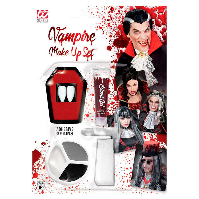 Vampire Make-Up Set  2 Fangs In Coffin Tray, Thermoplastic Adhesive Grains 1,4 G, Blood Gel 3 Ml, 3 Colours Make Up 4,5 Ml, Sponge 