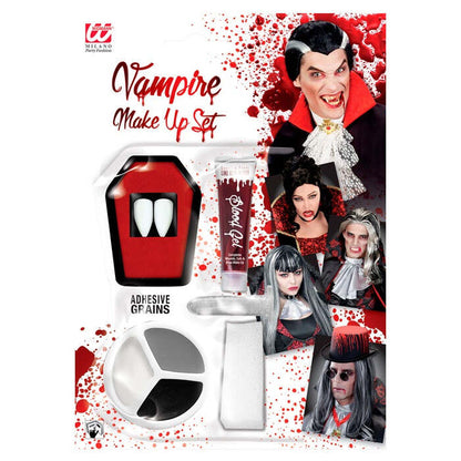 Vampire Make-Up Set  2 Fangs In Coffin Tray, Thermoplastic Adhesive Grains 1,4 G, Blood Gel 3 Ml, 3 Colours Make Up 4,5 Ml, Sponge 