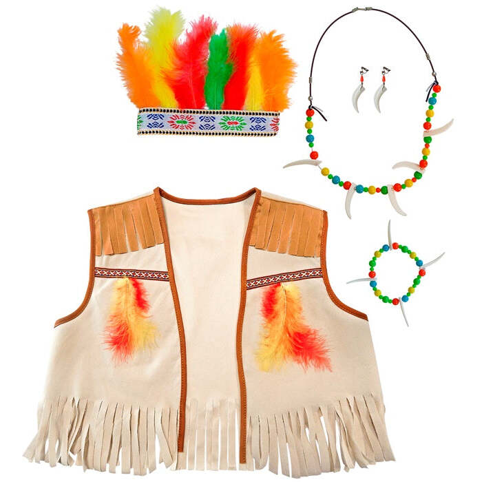 Indian Dress-Up Set  Vest, Headband With Feathers, Earring, Necklace, Bracelet 