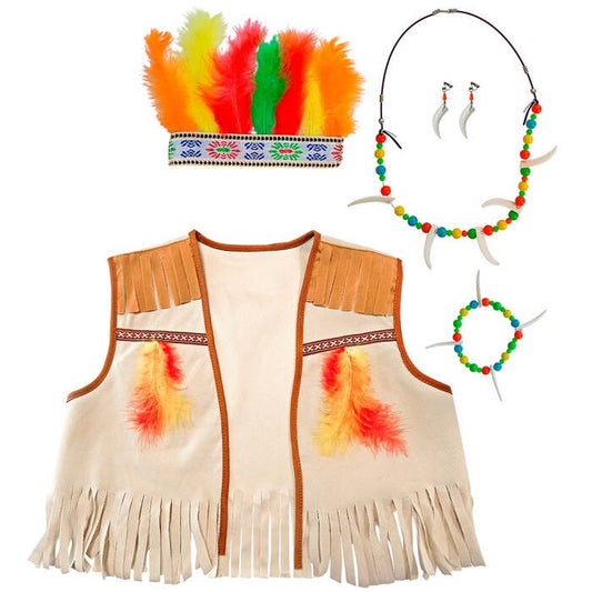 Indian Dress-Up Set  Vest, Headband With Feathers, Earring, Necklace, Bracelet 