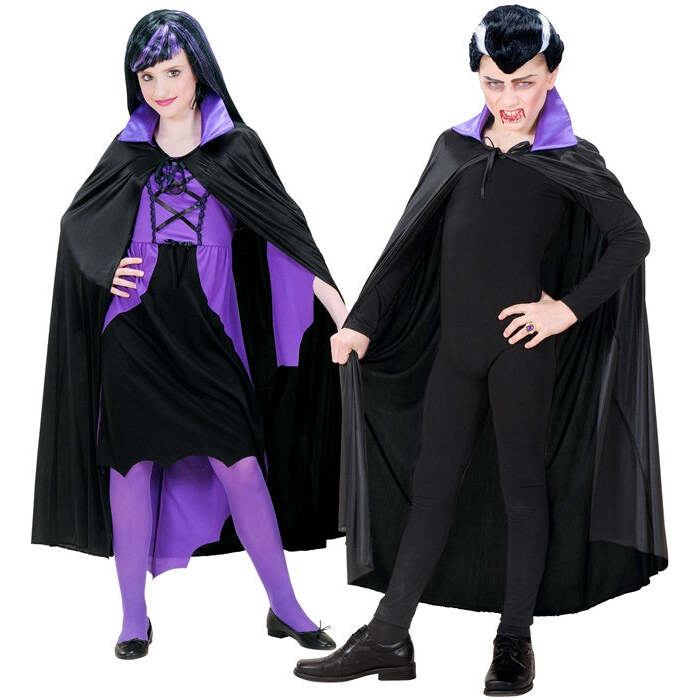 Child Size Black Cape With Purple Satin Collar 110 Cm