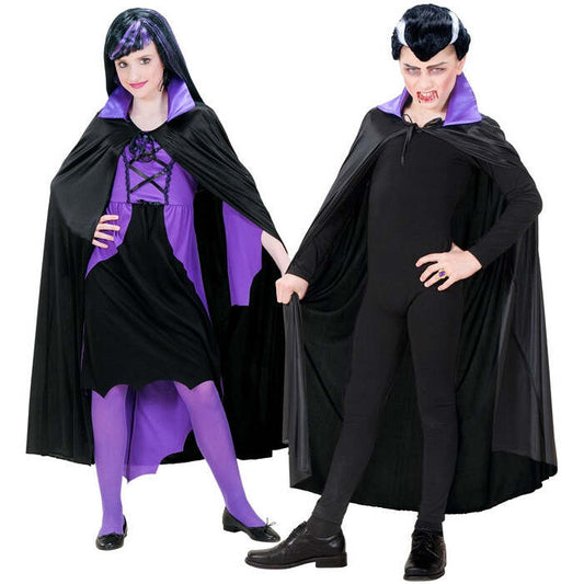 Child Size Black Cape With Purple Satin Collar 110 Cm