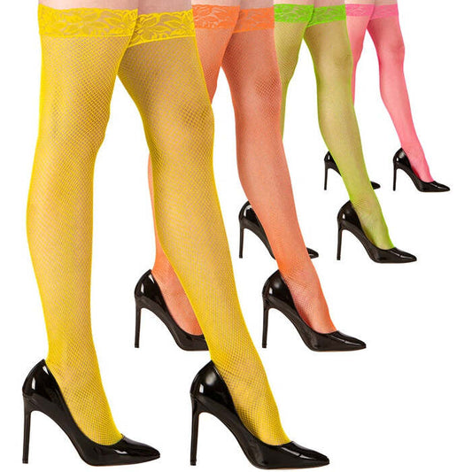 Neon Lace Top Fishnet Thigh Highs 4 Colors Ass.: Pink, Yellow, Orange, Green