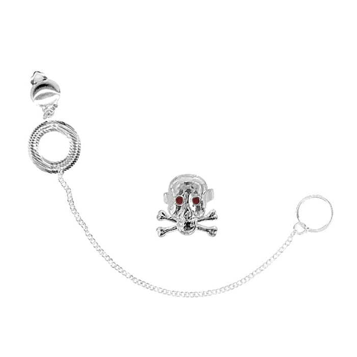 Punk Set  Earring With Ear-To-Nose Chain, Skull Ring 