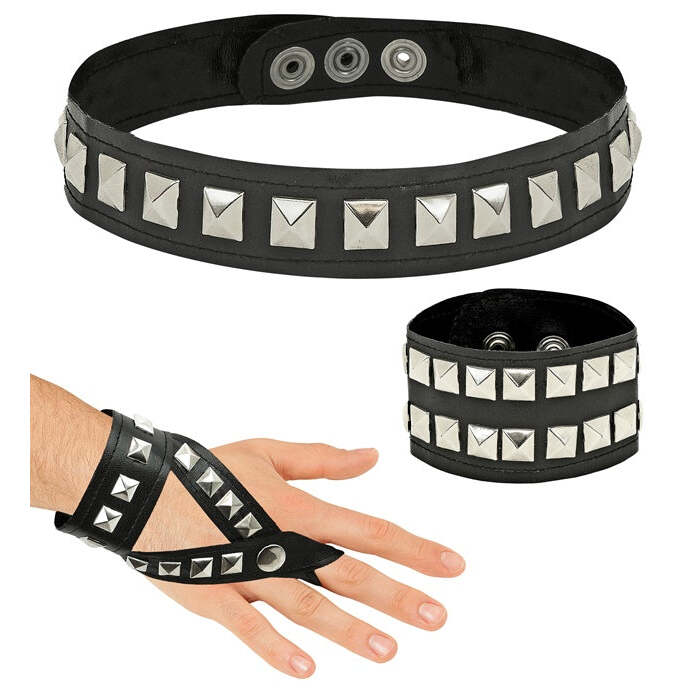 Hard Rock Set Leatherlook  Studded Choker, Bracelet, Fingerglove 