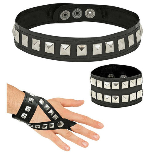 Hard Rock Set Leatherlook  Studded Choker, Bracelet, Fingerglove 
